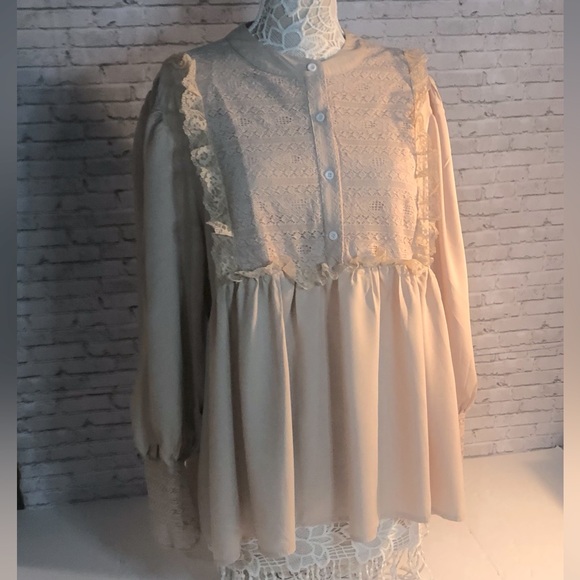Sheilay long sleeve ruffle lace Bohemian prairie peasant top Tan Plus size 3X - Picture 5 of 13